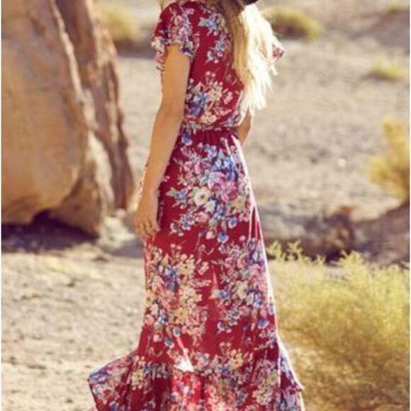 AUGUSTE THE LABEL Beach House Frill Floral Maxi Wrap Dress Red Berry {F40} - Picture 9 of 9